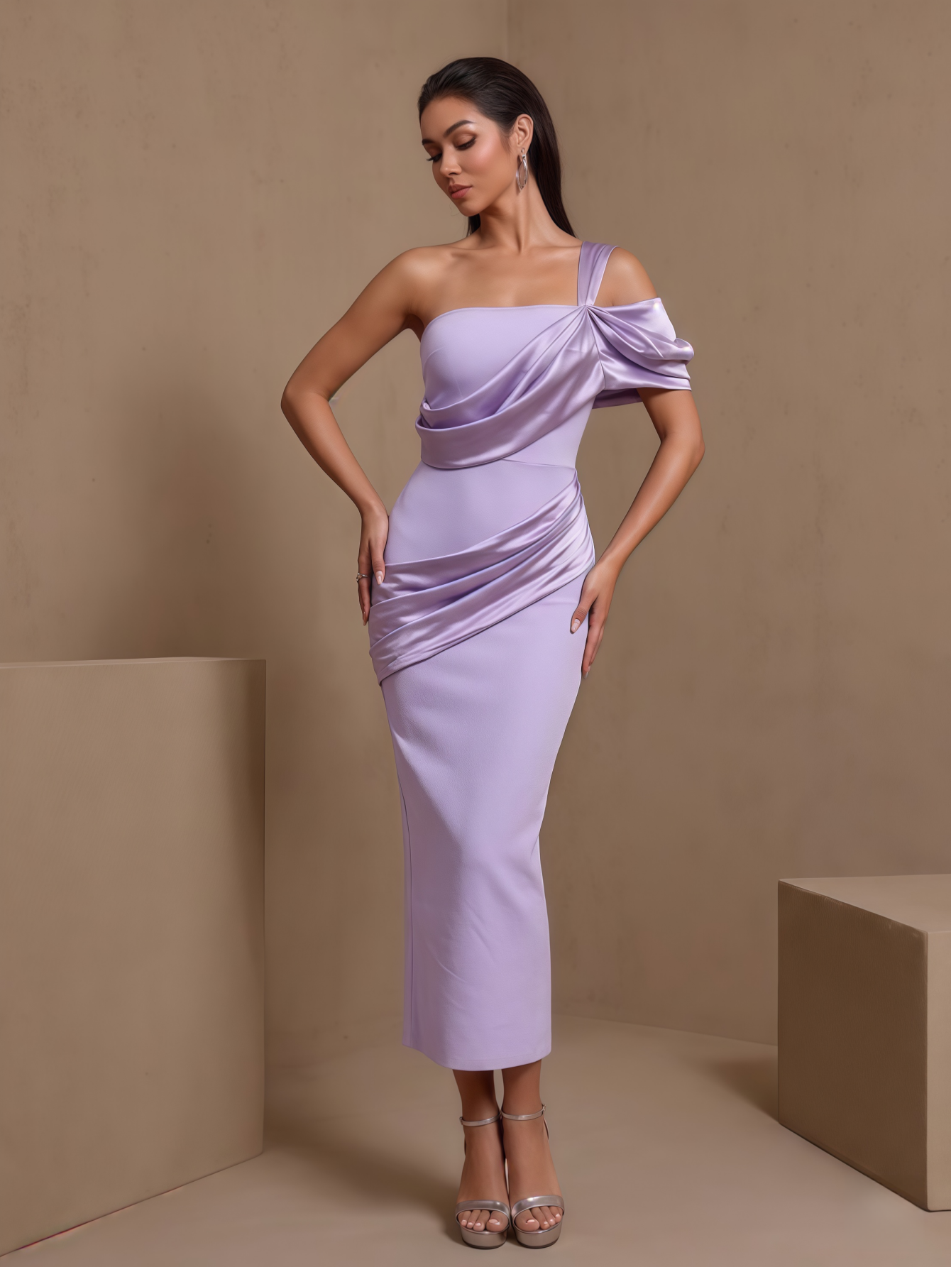 Asymmetric Satin Draped Ruched Bandage Dress