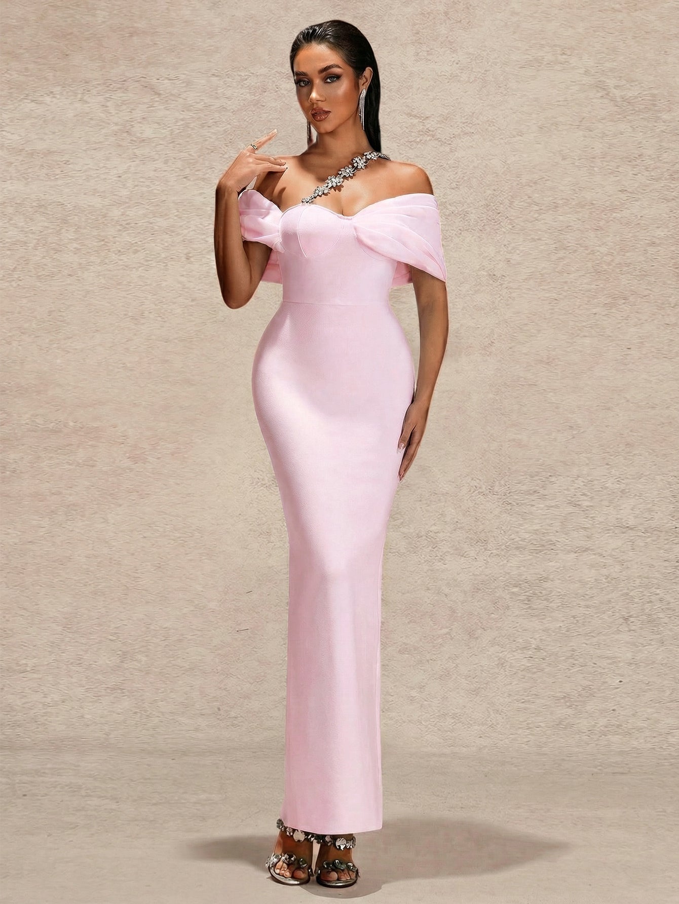 Crystal-embellished Off Shoulder Bandage Dress