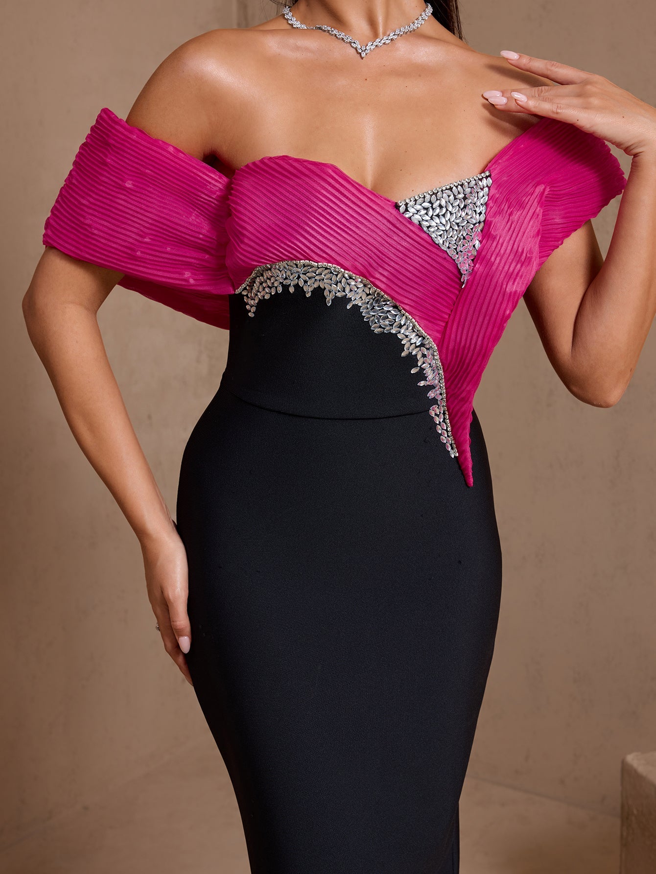 Off Shoulder Ruffled Crystal Bandage Dress