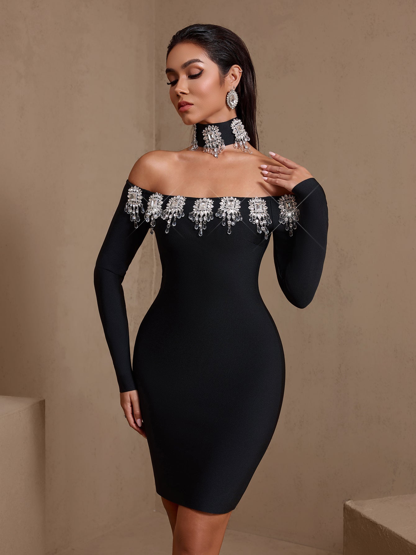 Crystal Embellished Bandage Dress With Choker