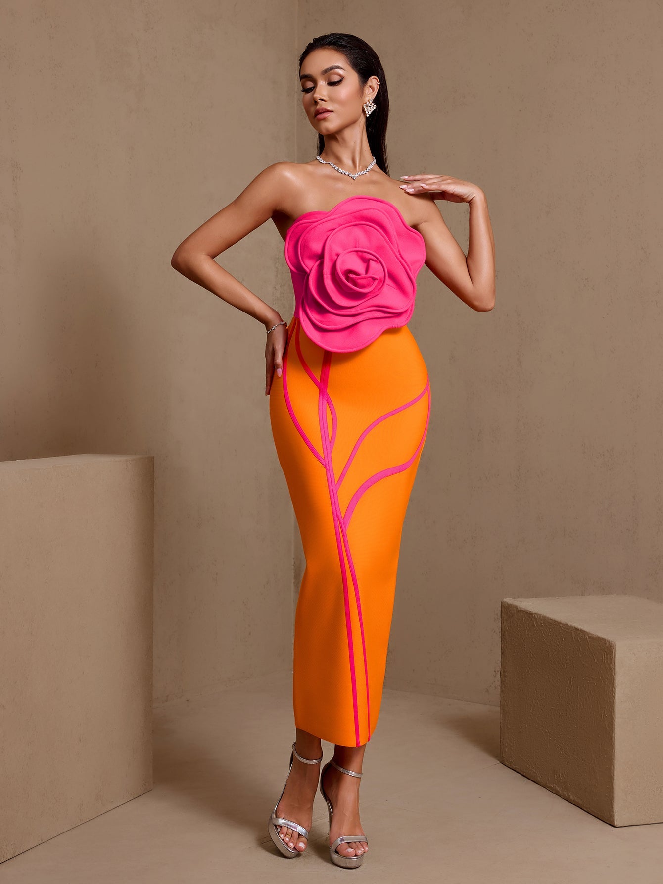 Huge Chest Flower Strapless Bandage Dress