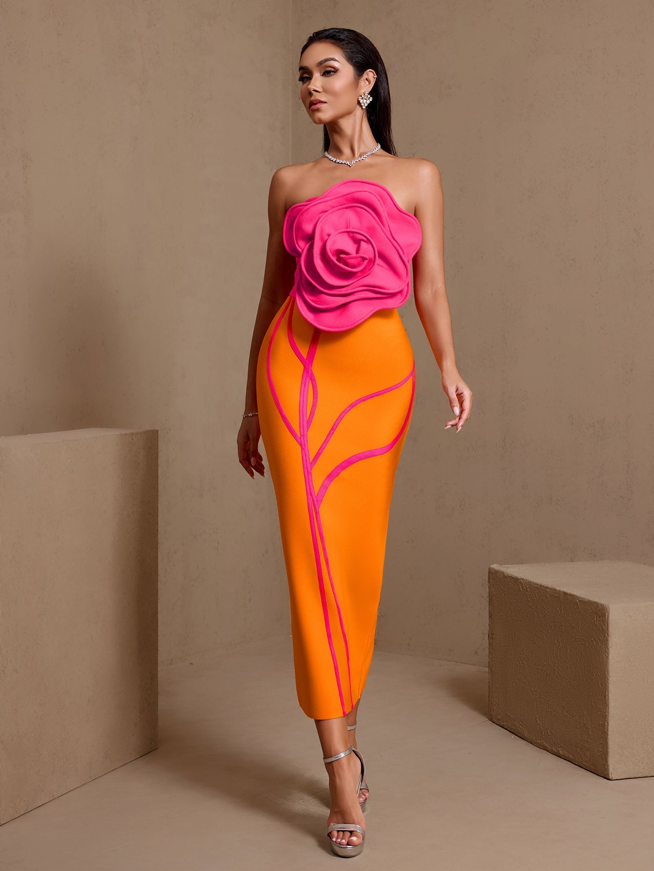 Huge Chest Flower Strapless Bandage Dress