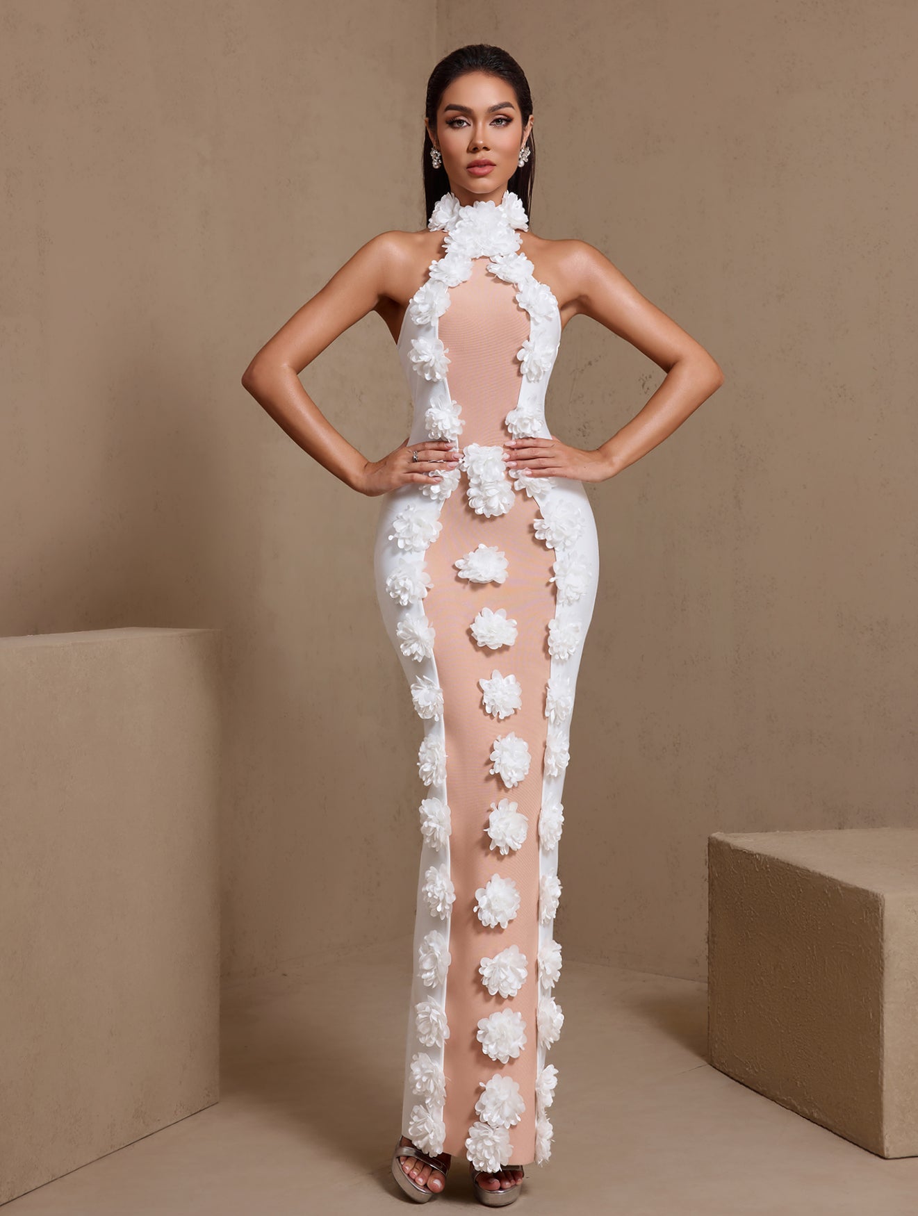 White 3D floral halter cutout bandage maxi dress, full front view