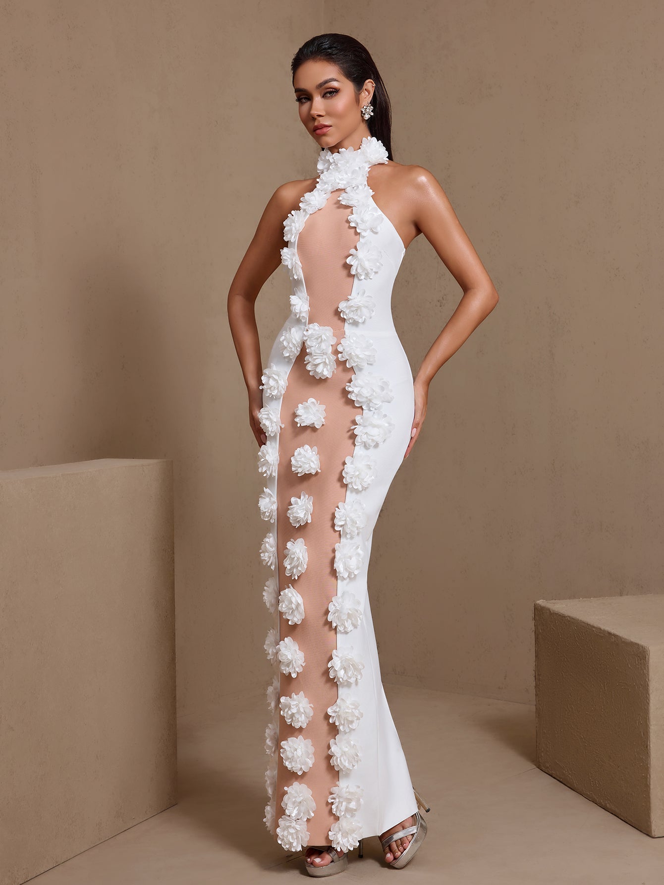 White 3D floral halter cutout bandage maxi dress, side view