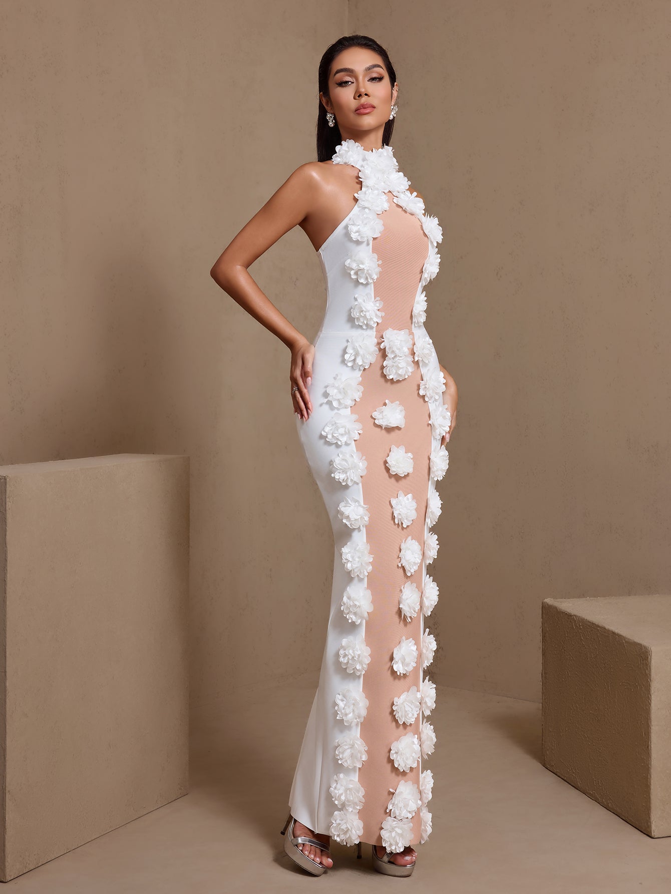 White 3D floral halter cutout bandage maxi dress, full-length front view