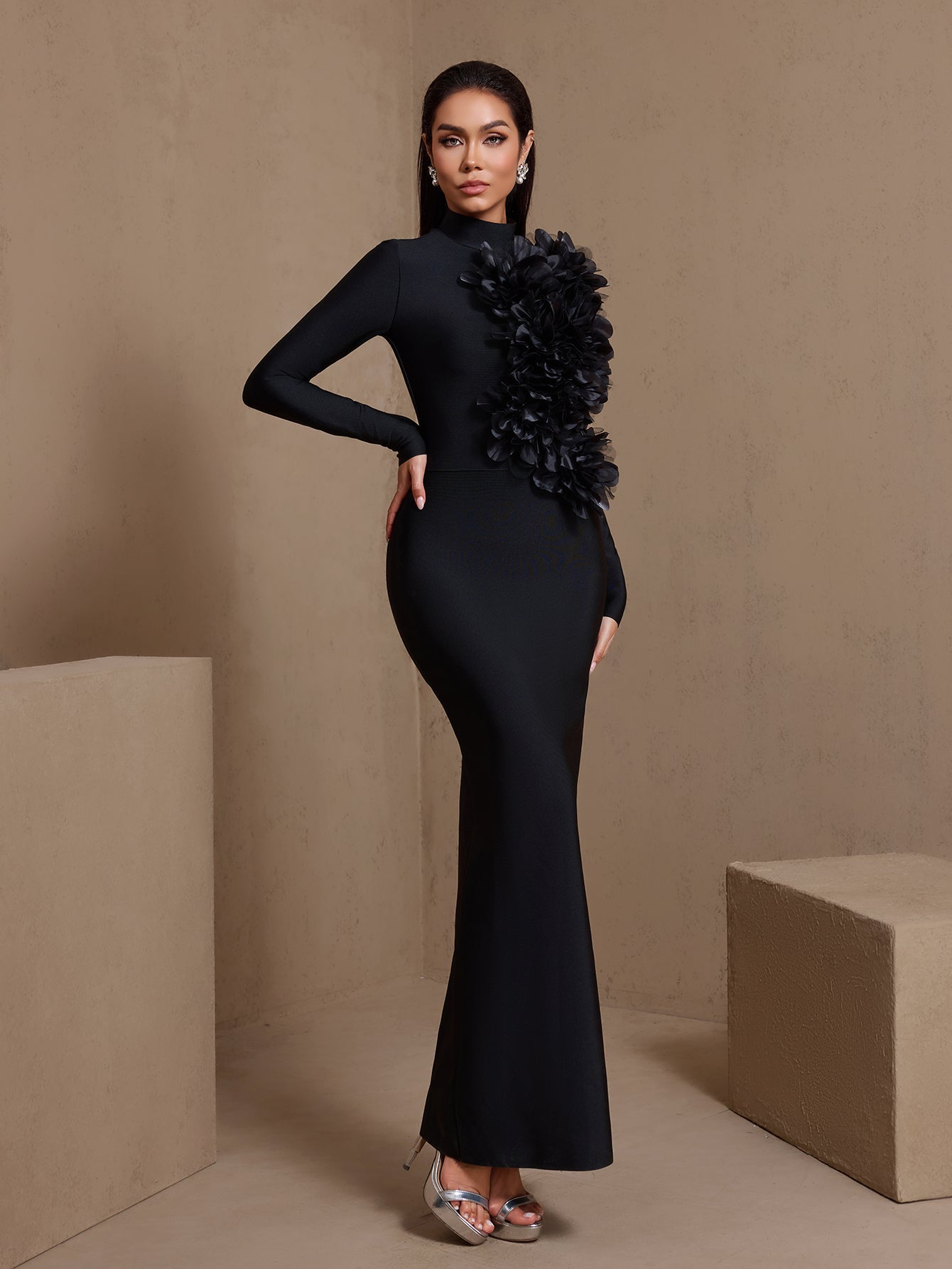Black 3D floral high-neck bandage maxi dress, full-length front view