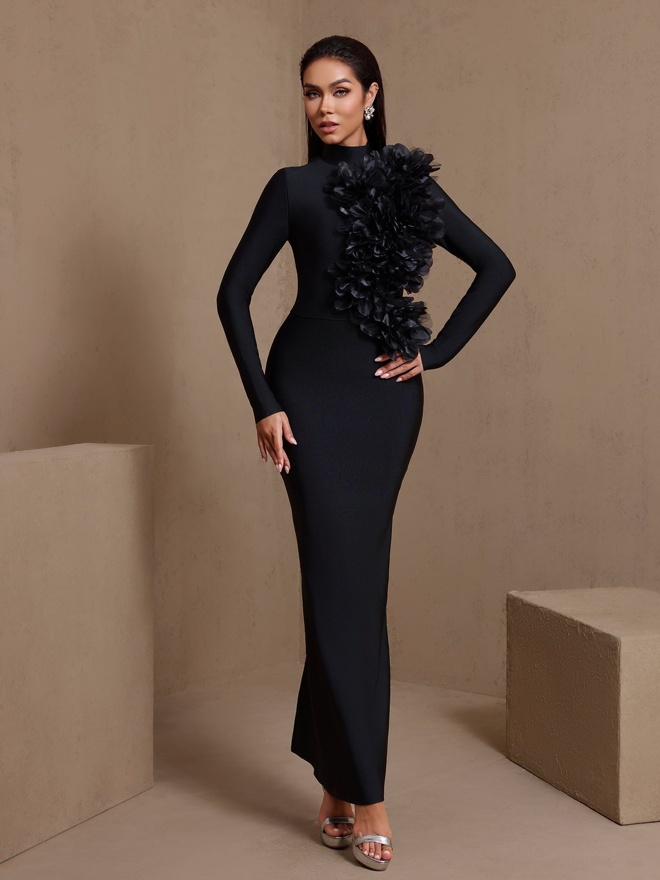 Black 3D floral high-neck bandage maxi dress, side view