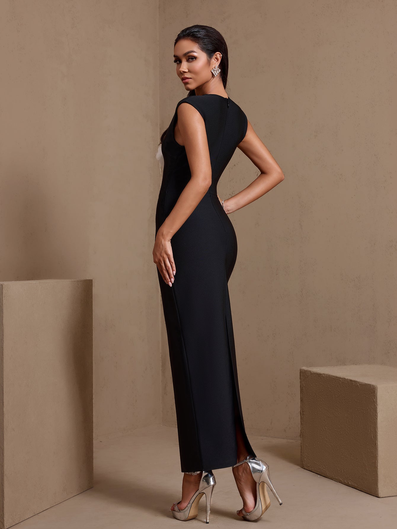 Black 3D floral V-neck bandage maxi dress, angled front view