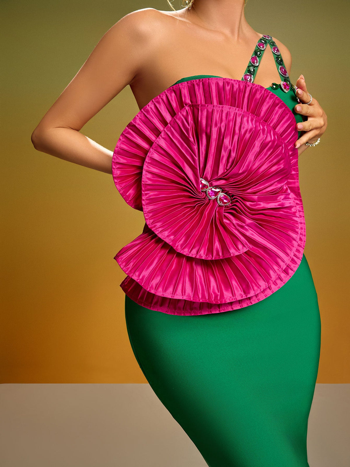 3D Flower Pleated Bandage Midi Dress, back view