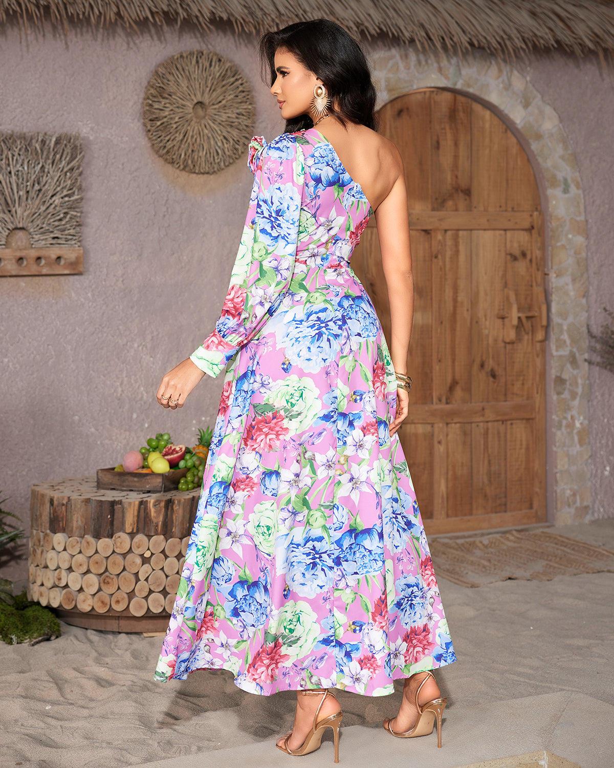 Abstract one-sleeve ruched maxi dress, rear view