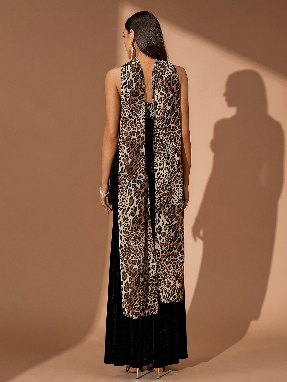 Animal Print Bustier Maxi Dress with Scarf, back view