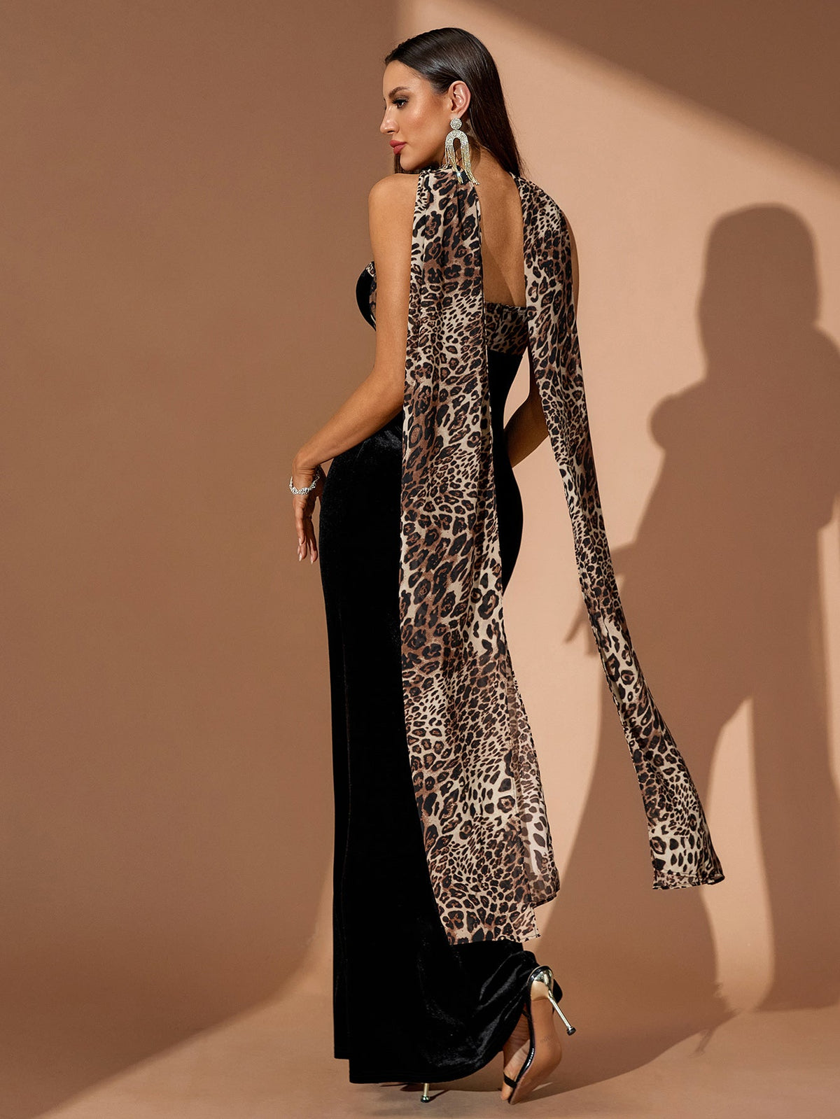 Animal Print Bustier Maxi Dress with Scarf, full-length styling view
