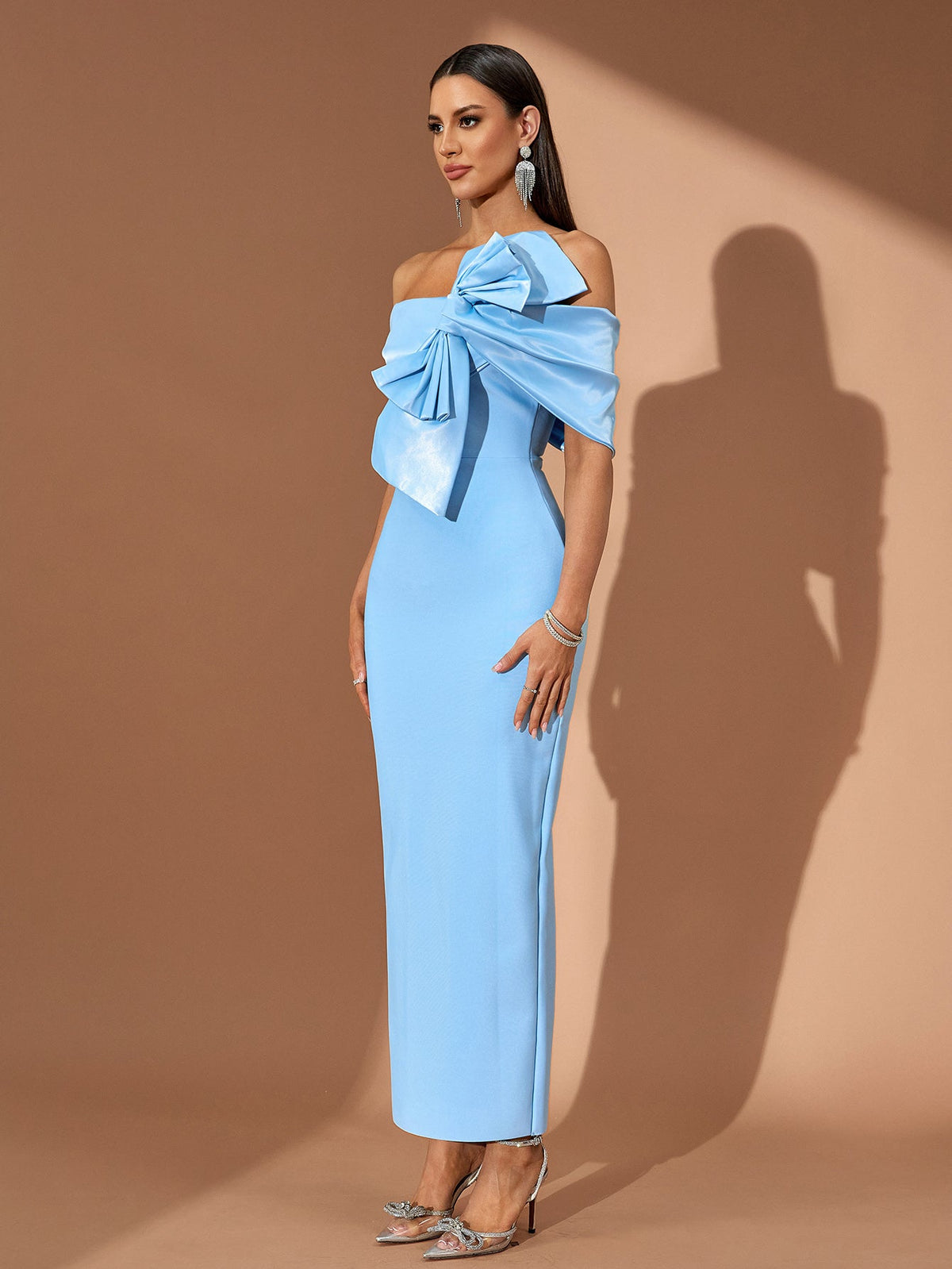 Asymmetric Bow Bandage Midi Dress, full-length styling view