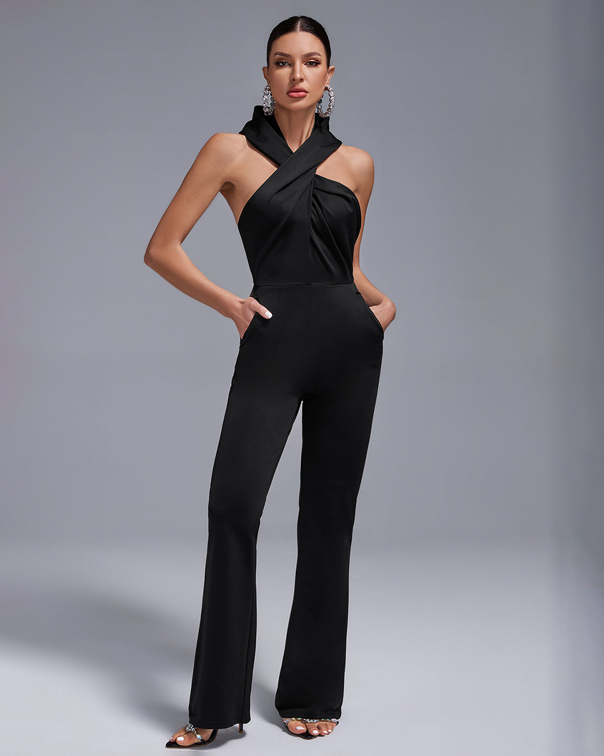 Crossed Collar High-Waist Backless Hooded Jumpsuit