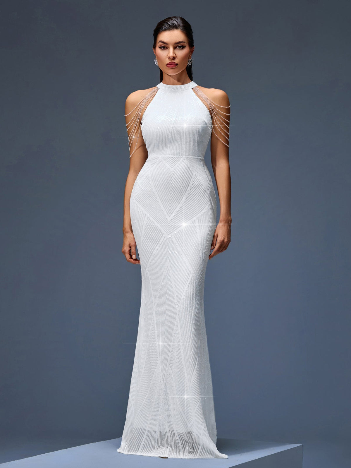 Beaded Chain Fringe Evening Dress, front view