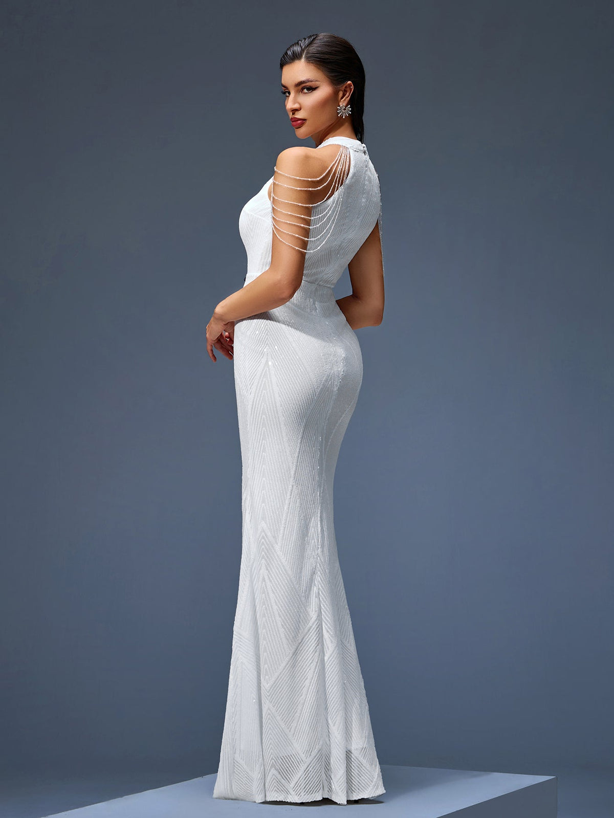Beaded Chain Fringe Evening Dress, side view