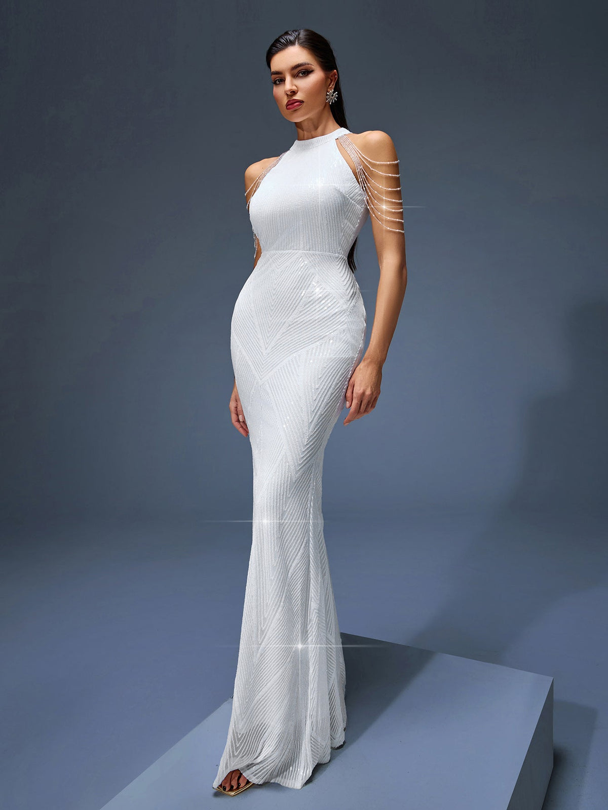 Beaded Chain Fringe Evening Dress, front full-length view