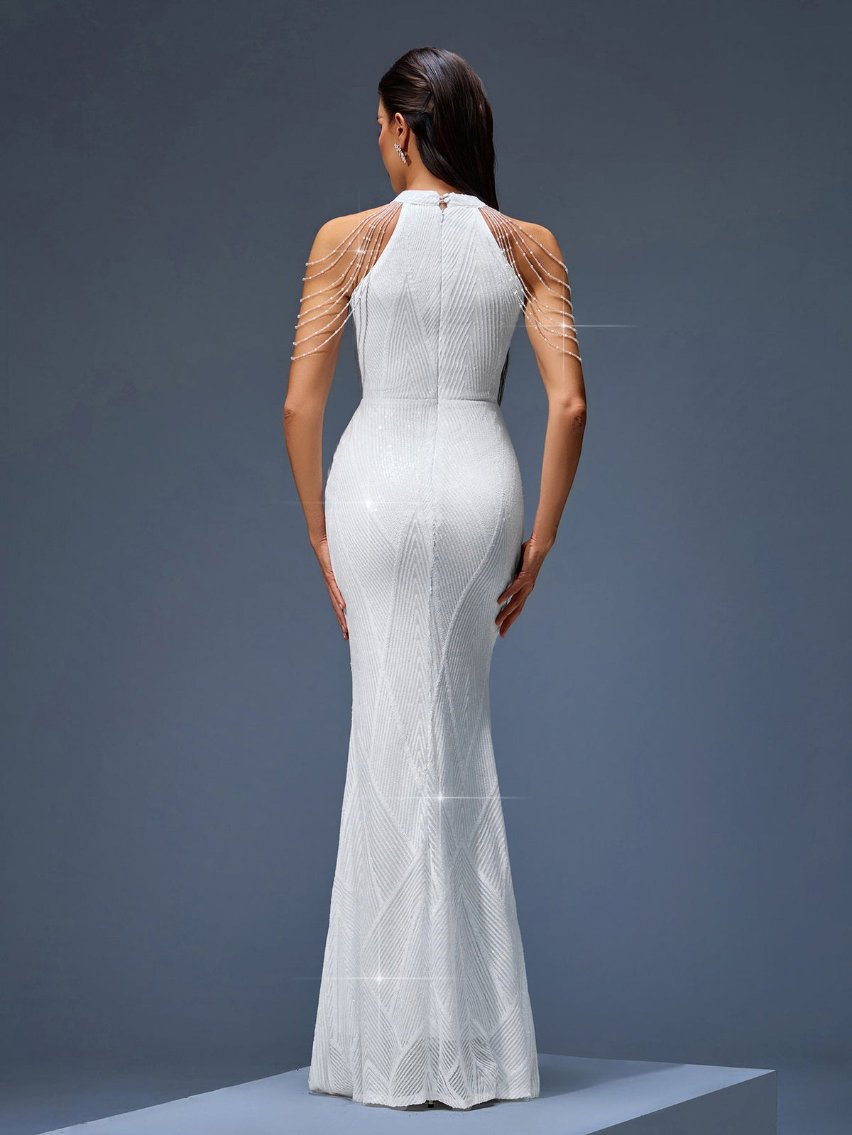 Beaded Chain Fringe Evening Dress, back detail view