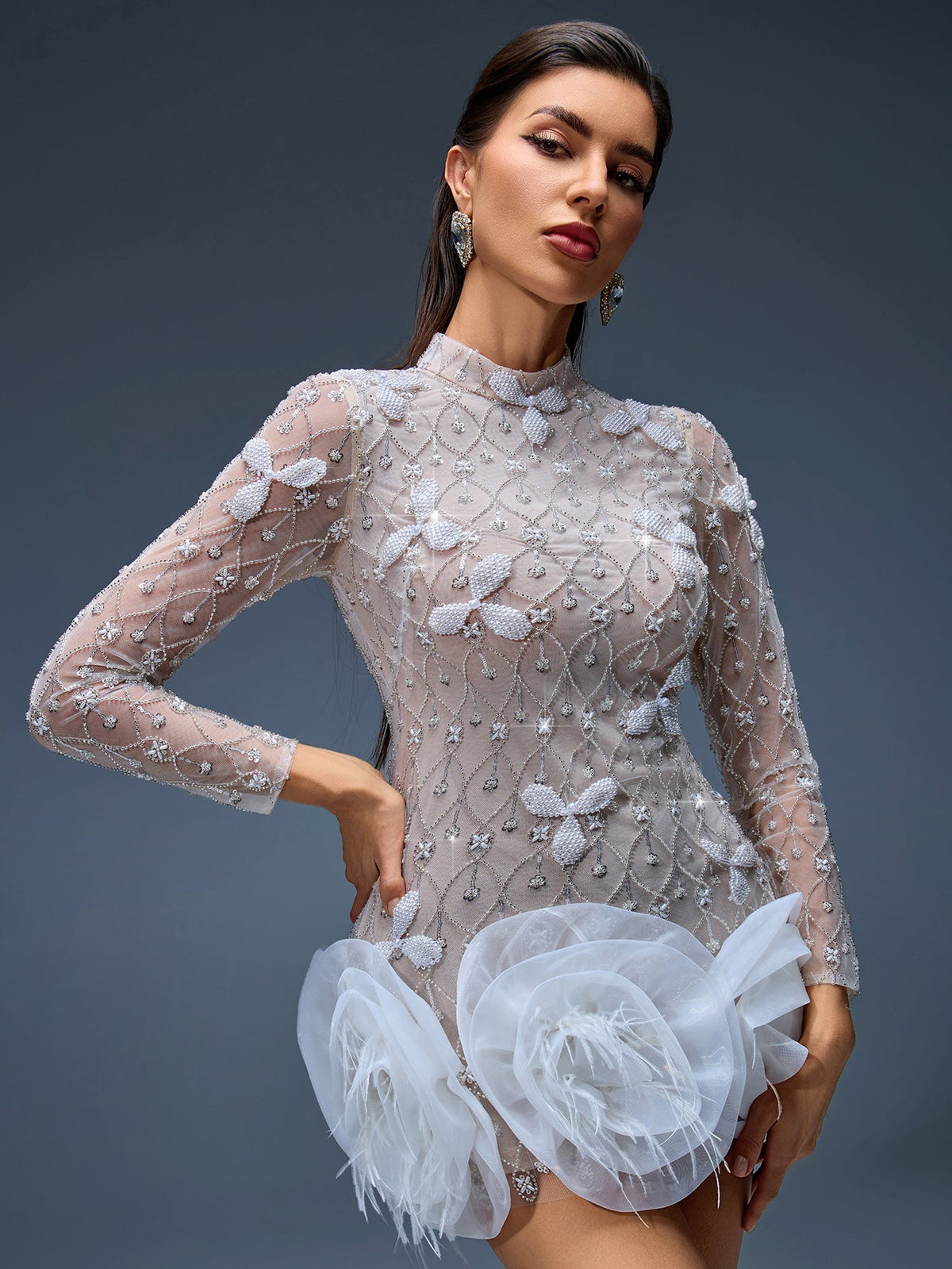 Beaded Mesh Floral Hem Mini Dress, back view