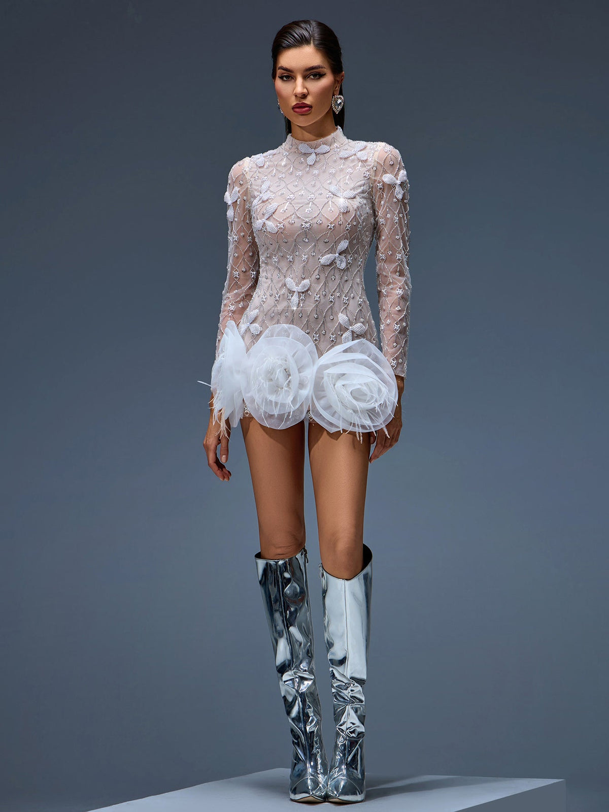 Beaded Mesh Floral Hem Mini Dress, back detail view