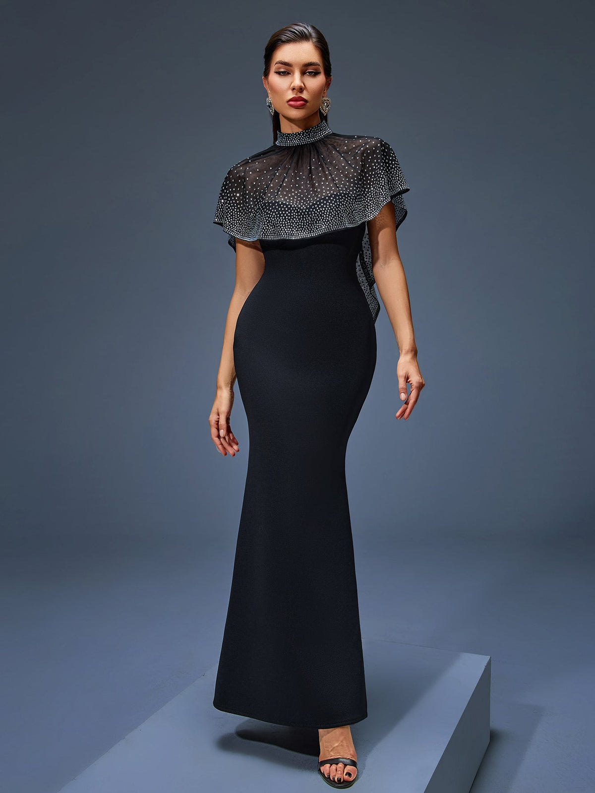 Beaded Neck Tulle Cape Maxi Dress, front view