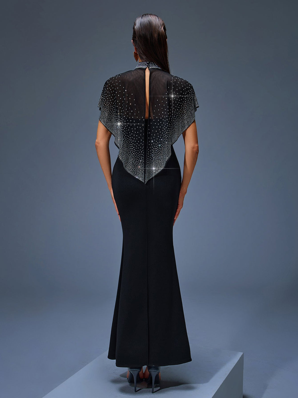 Beaded Neck Tulle Cape Maxi Dress, front full-length view