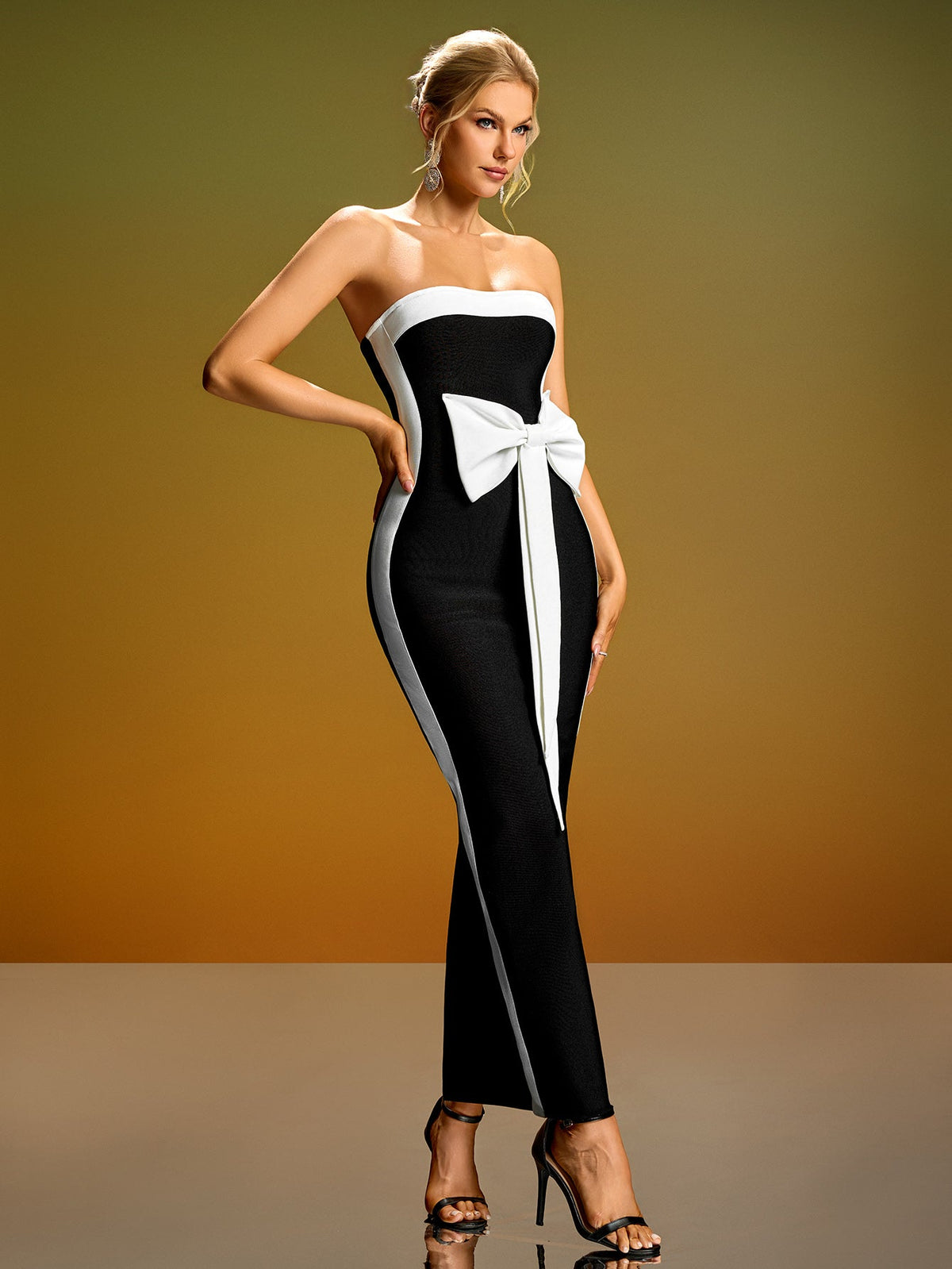 Bow Detail Wide Stripe Bandage Dress, front full-length view