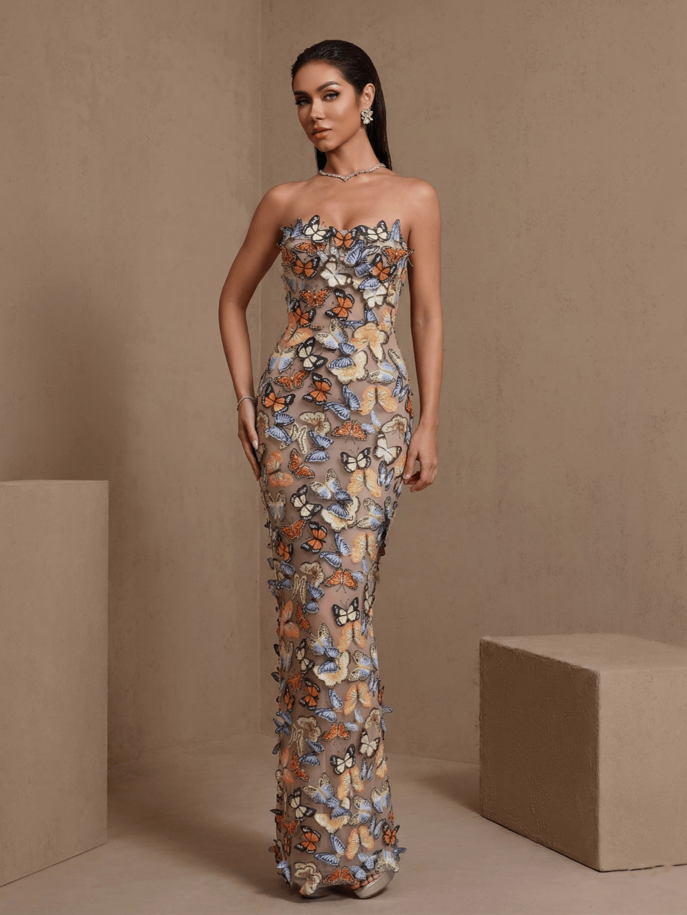 Nude butterfly applique mesh strapless maxi dress, front view