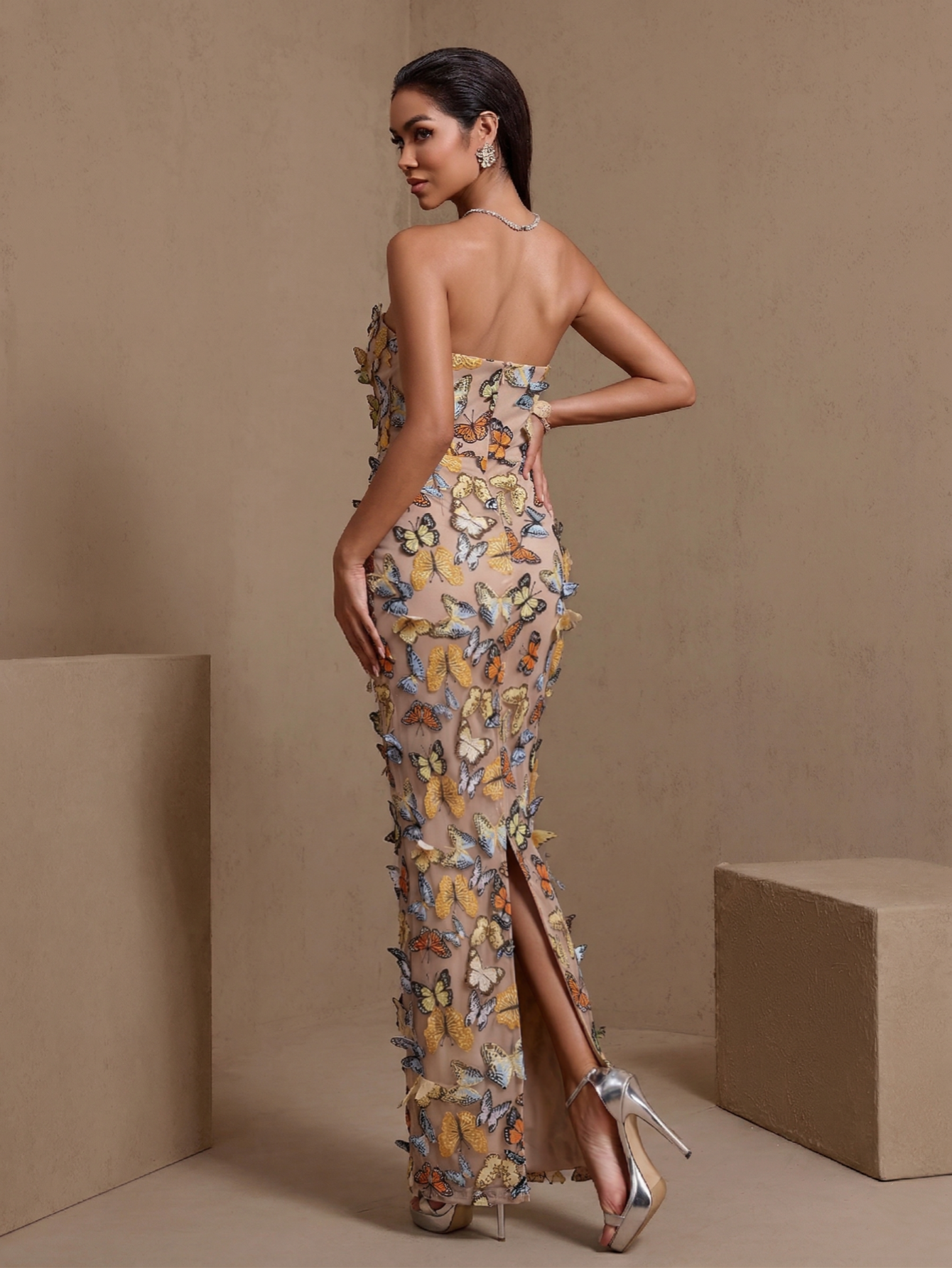 Nude butterfly applique mesh strapless maxi dress, rear view
