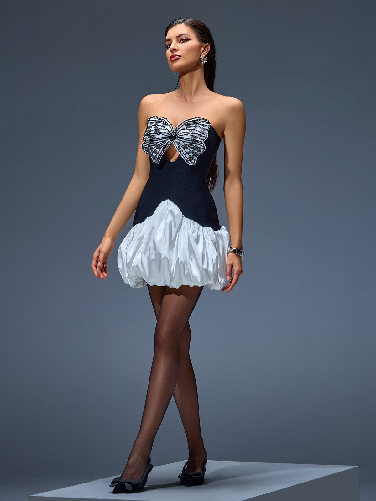 Butterfly Embroidered Cutout Mini Bubble Dress, detail view