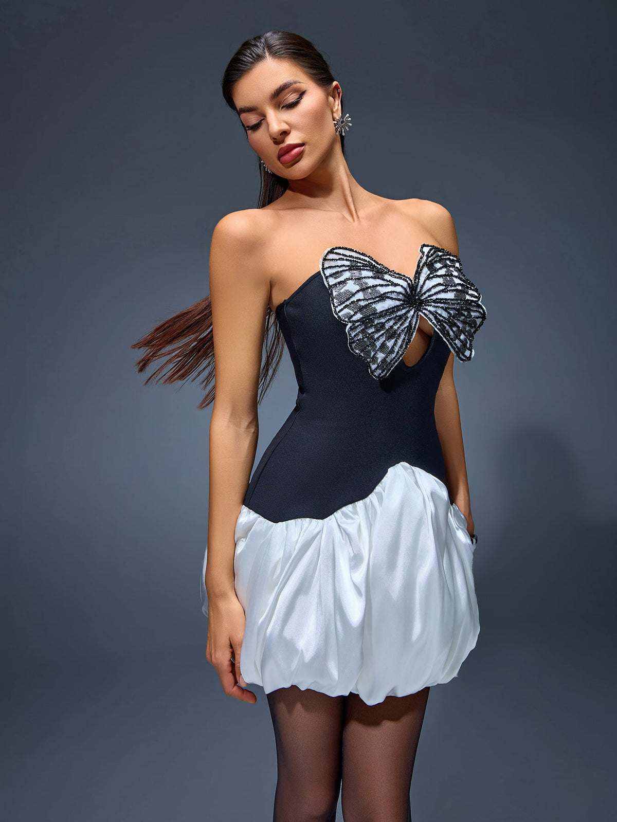 Butterfly Embroidered Cutout Mini Bubble Dress, front full-length view