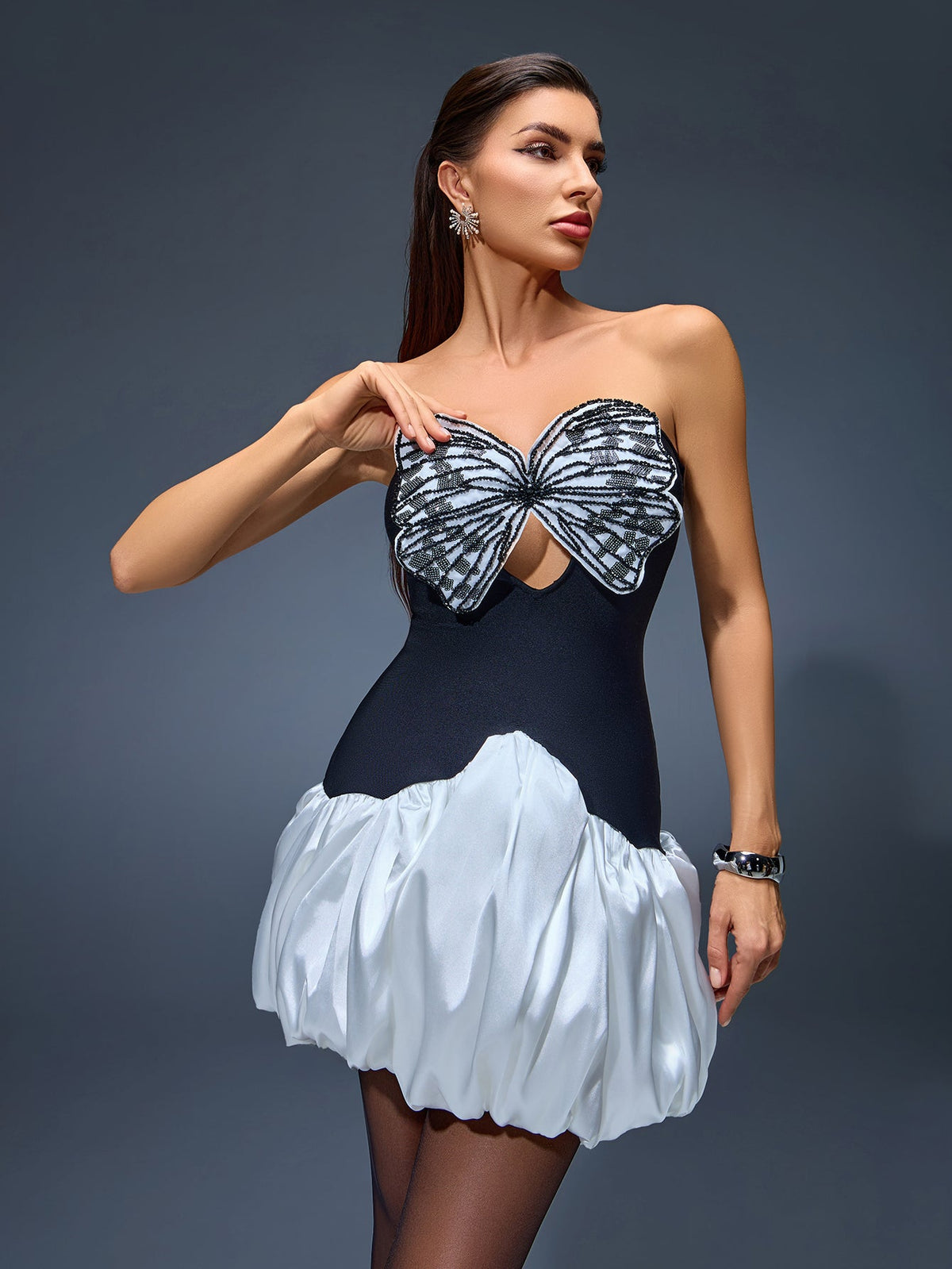 Butterfly Embroidered Cutout Mini Bubble Dress, back detail view