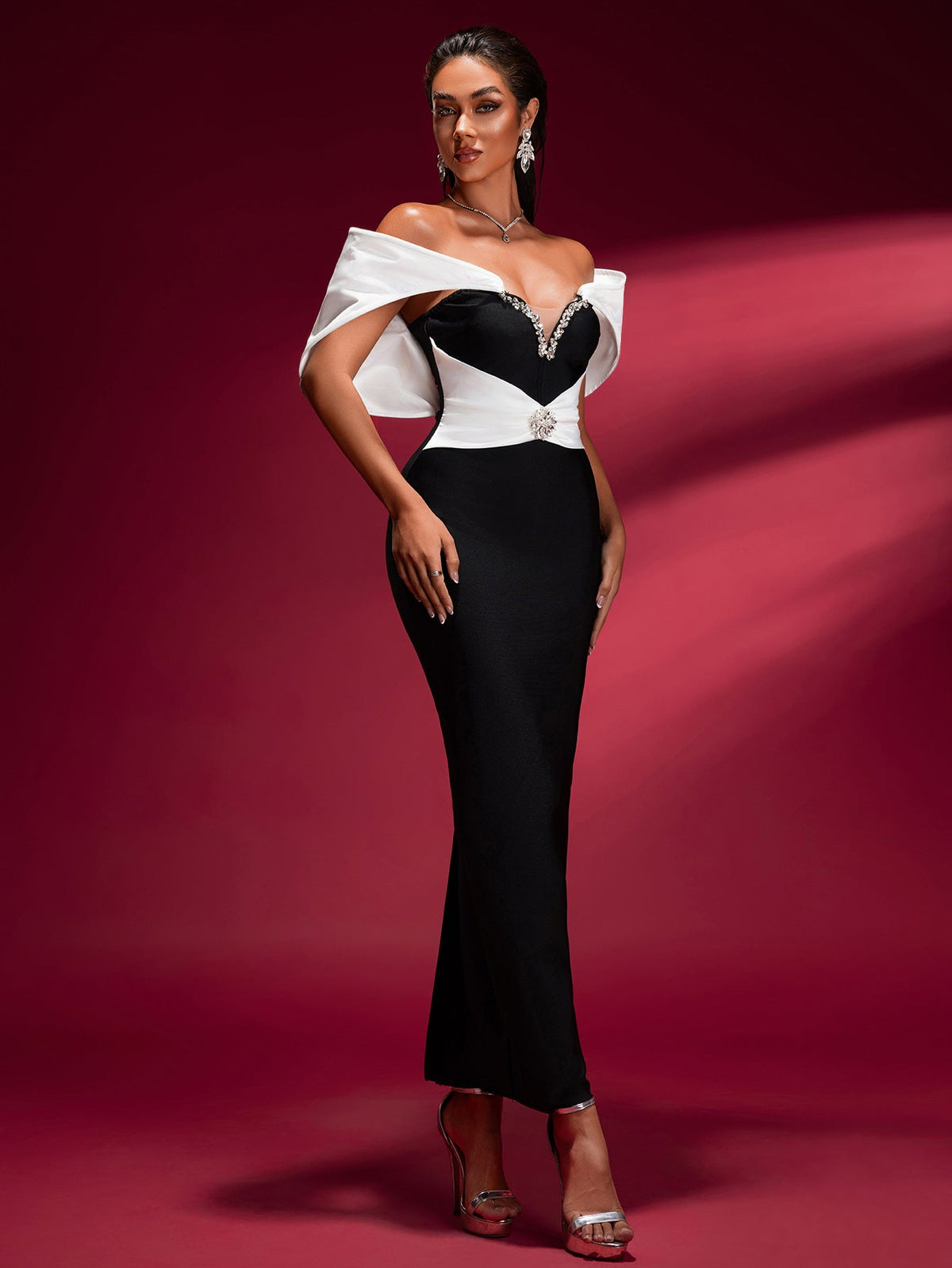 Contrast Off-Shoulder Bandage Maxi Dress, back view