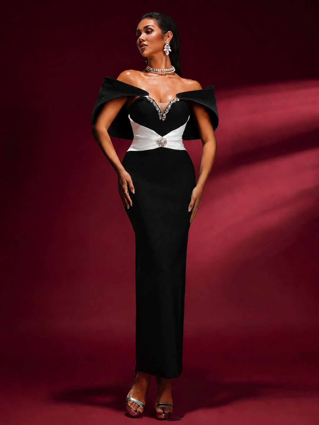 Contrast Off-Shoulder Bandage Maxi Dress, close-up detail
