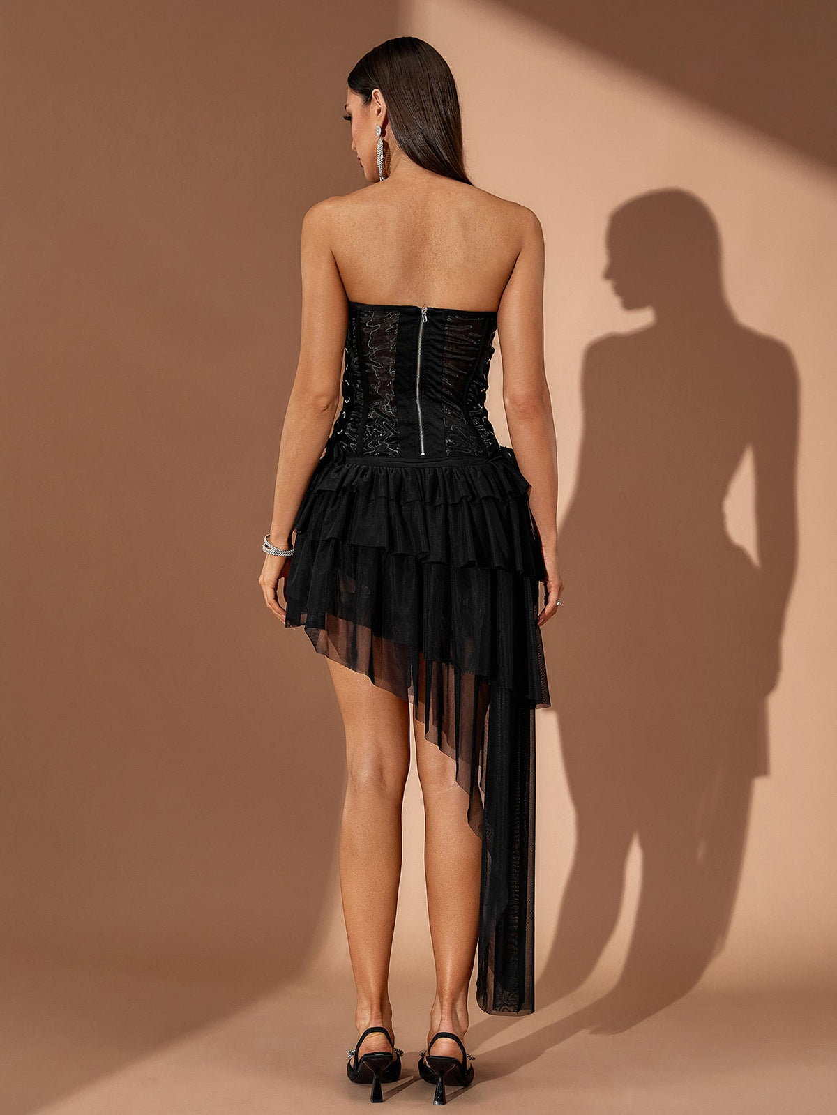 Corset Top and Asymmetric Ruffled Mesh Skirt Set, back view