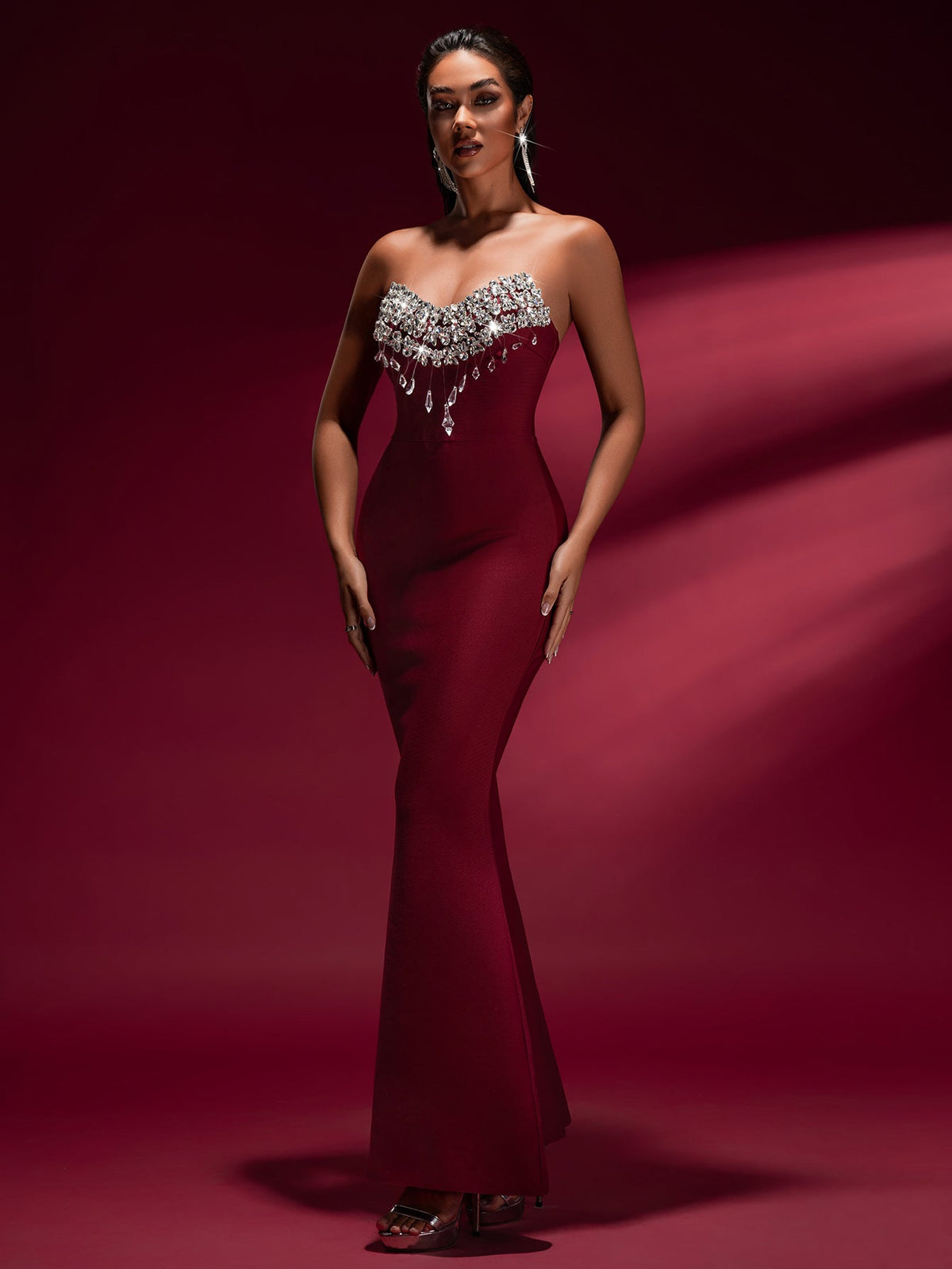 Crystal Appliqué Bandage Mermaid Gown, back detail view