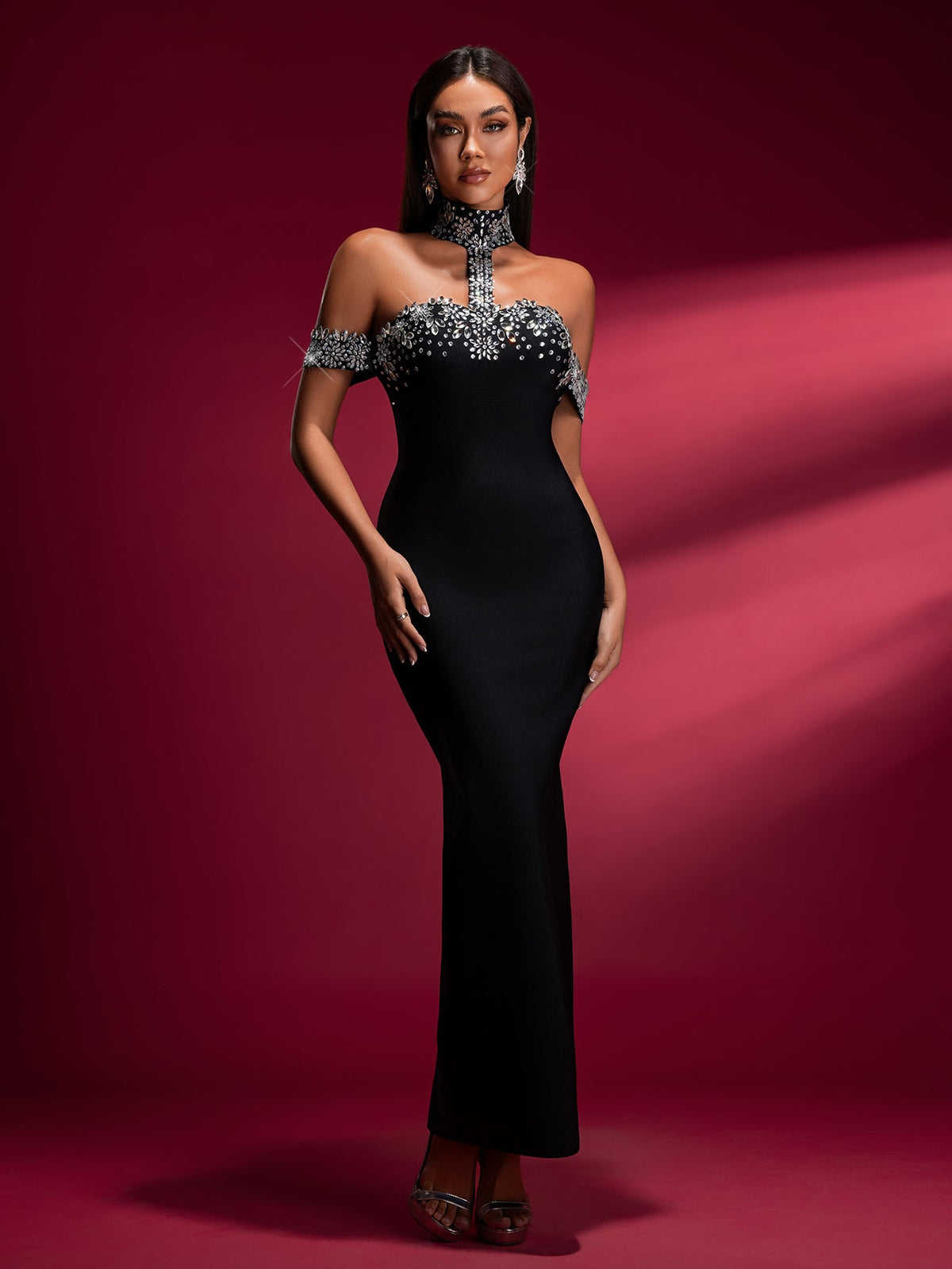 Crystal Appliqué Halter-Neck Bandage Gown, front view