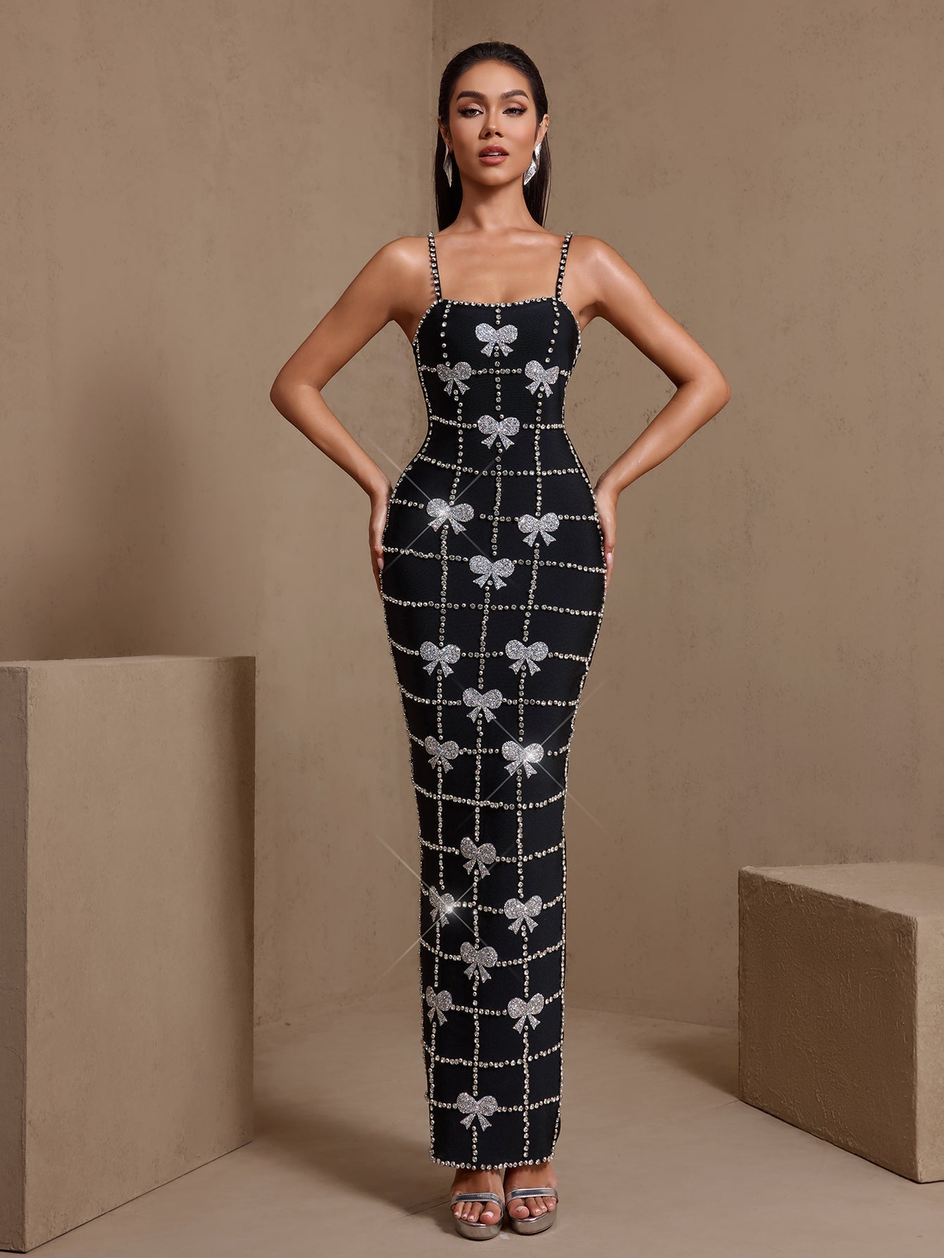 Black crystal bow grid bandage maxi dress, full-length front view