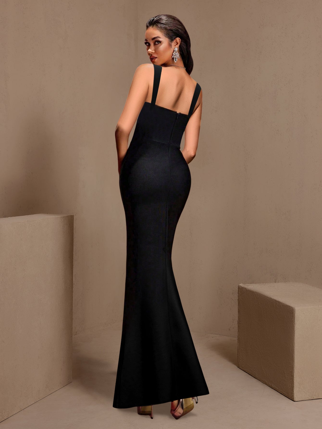 Black crystal bustier strappy bandage maxi dress, rear view with open back