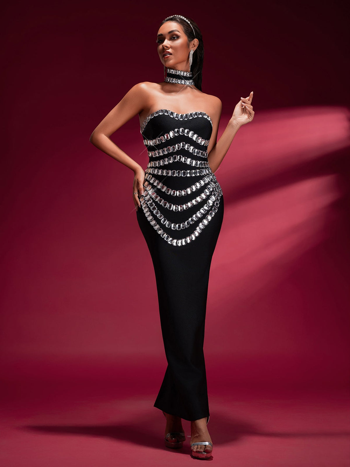 Crystal Embellished Bandage Gown with Collar, front view