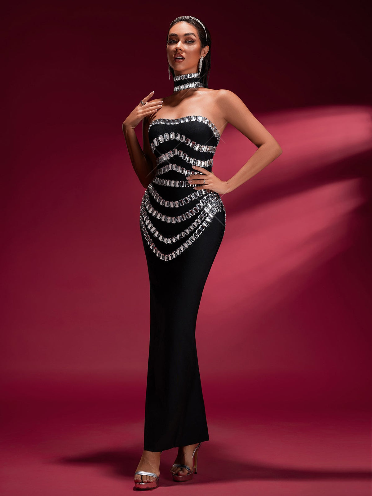 Crystal Embellished Bandage Gown with Collar, front full-length view