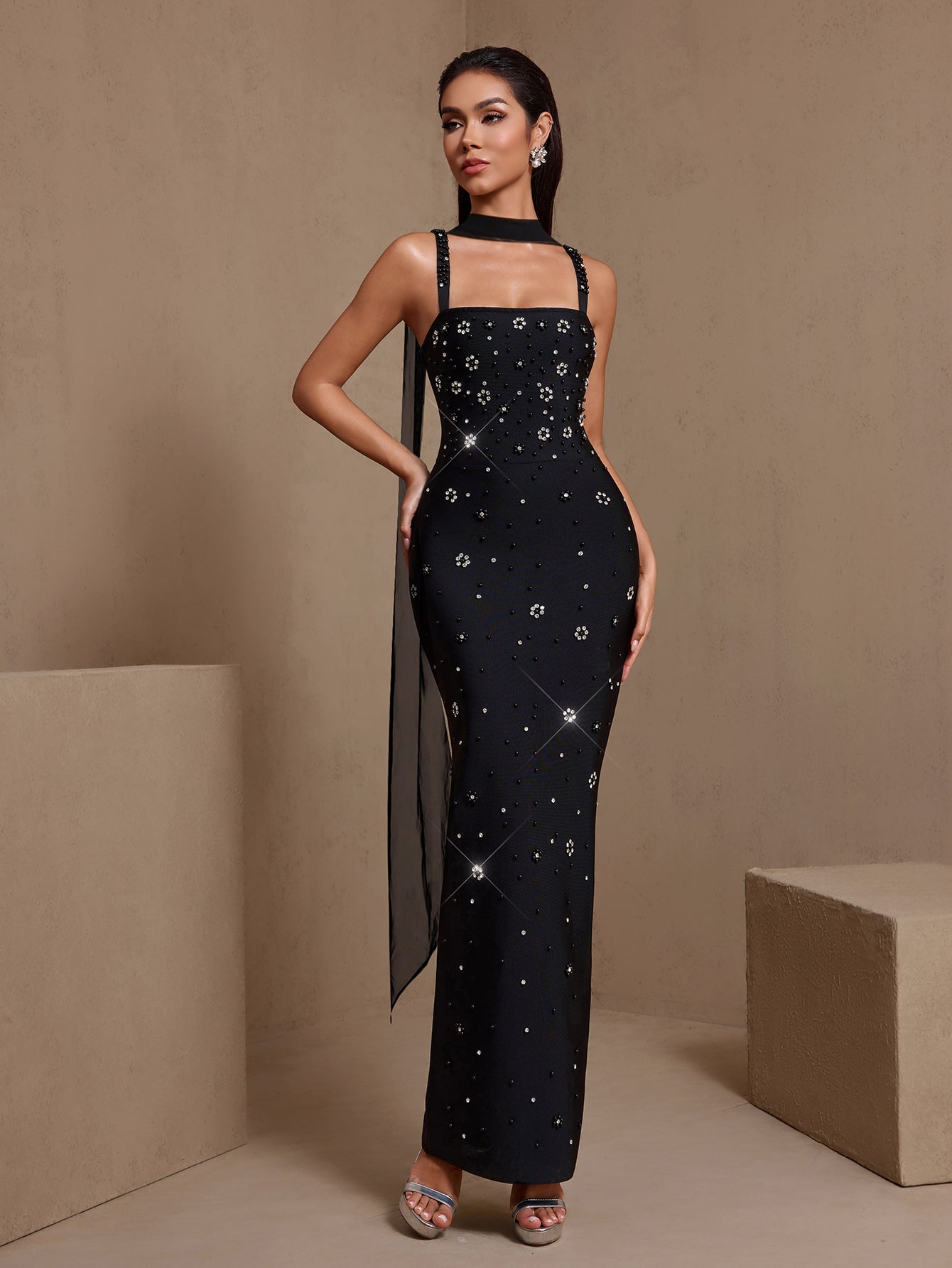 Black crystal-embellished square-neck bandage maxi dress, front view