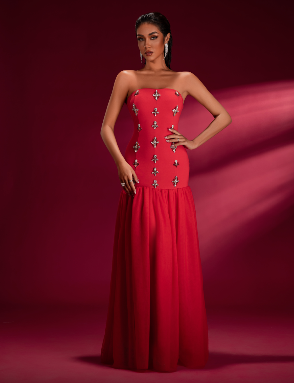 Crystal Embellished Tulle Strapless Gown, front view