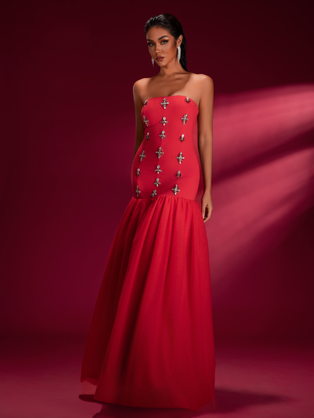Crystal Embellished Tulle Strapless Gown, side view