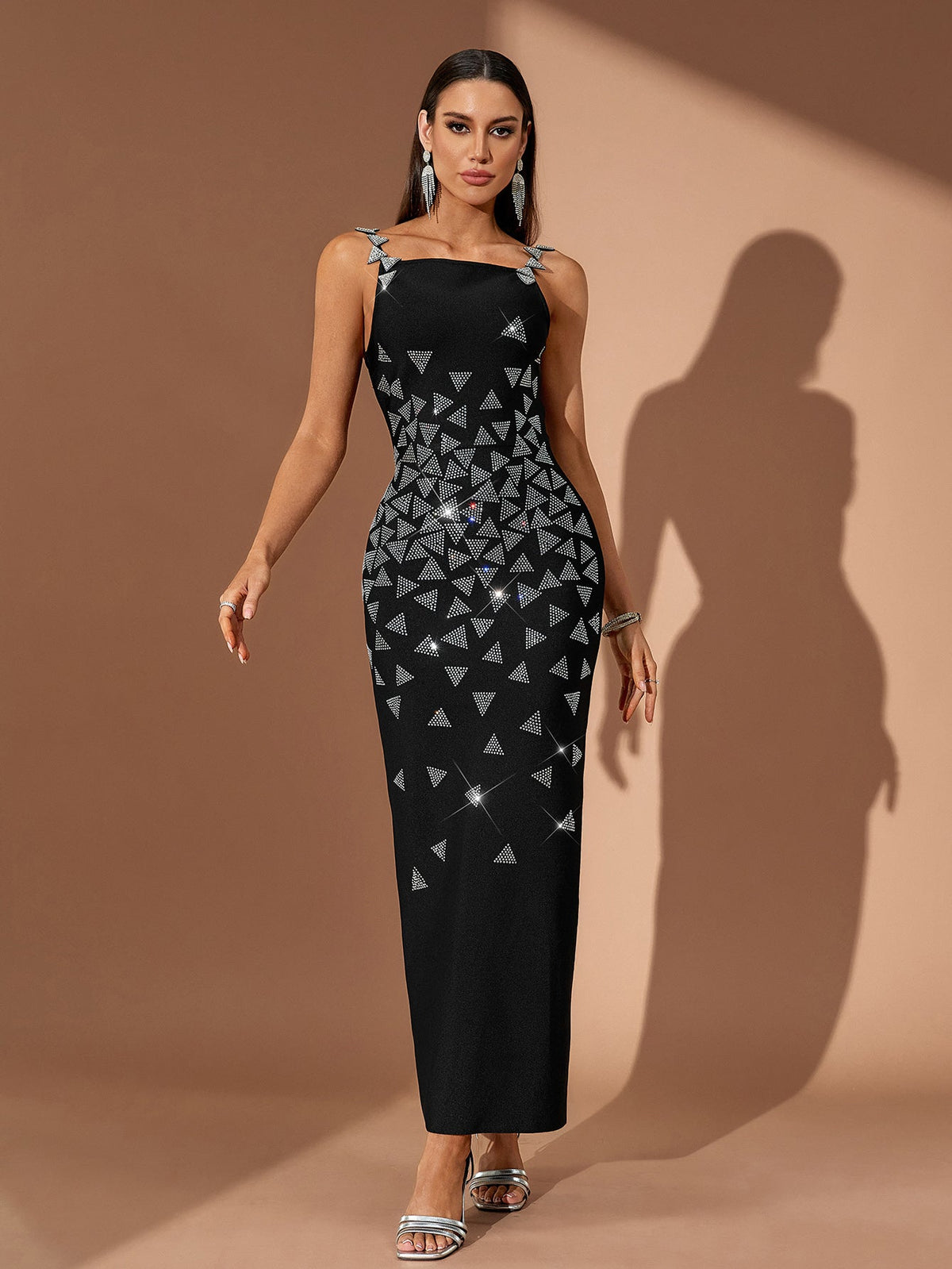 Crystal Geometric Embellished Bandage Maxi Dress, front view