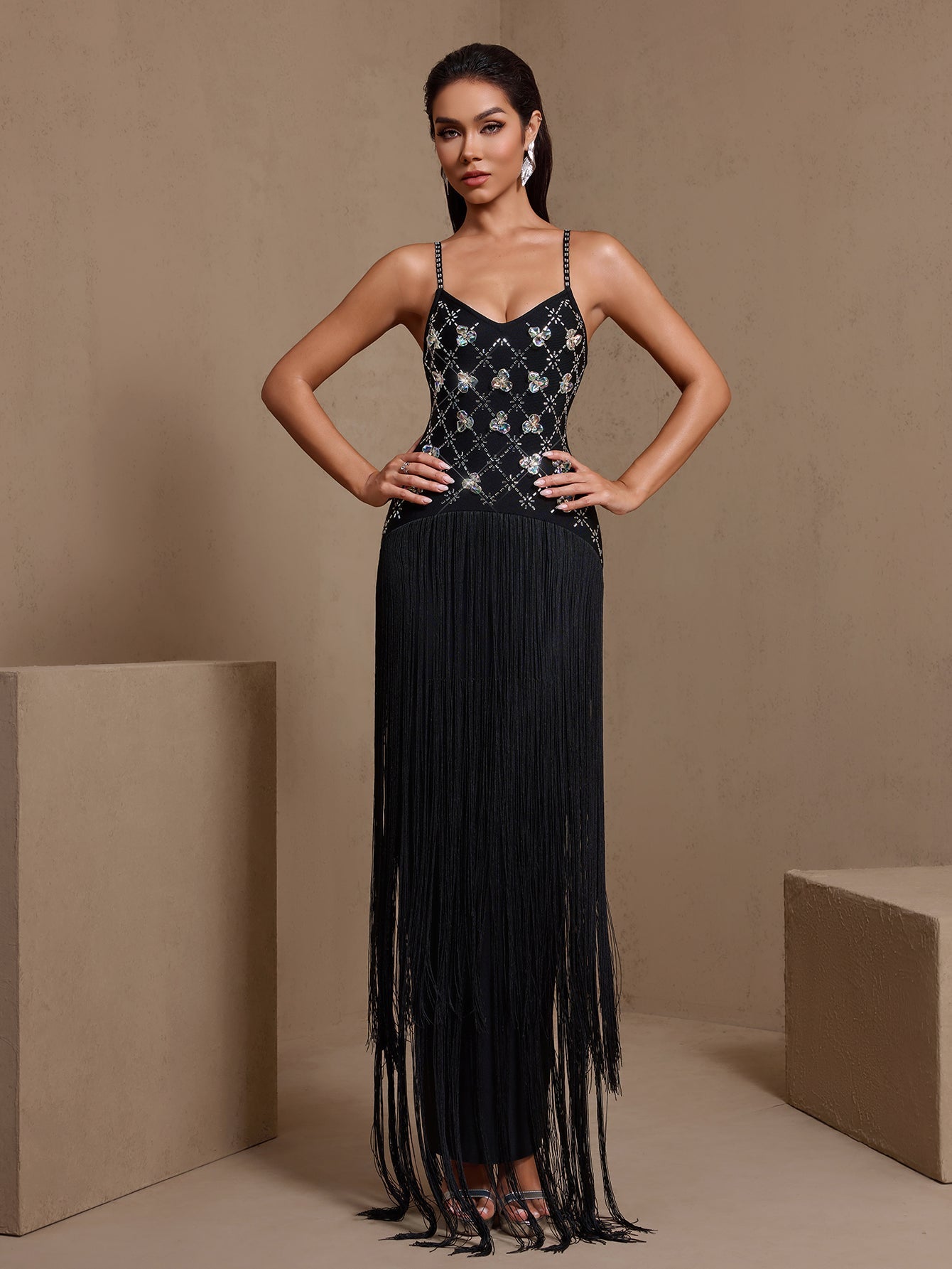 Black crystal grid fringe bandage maxi dress, front view