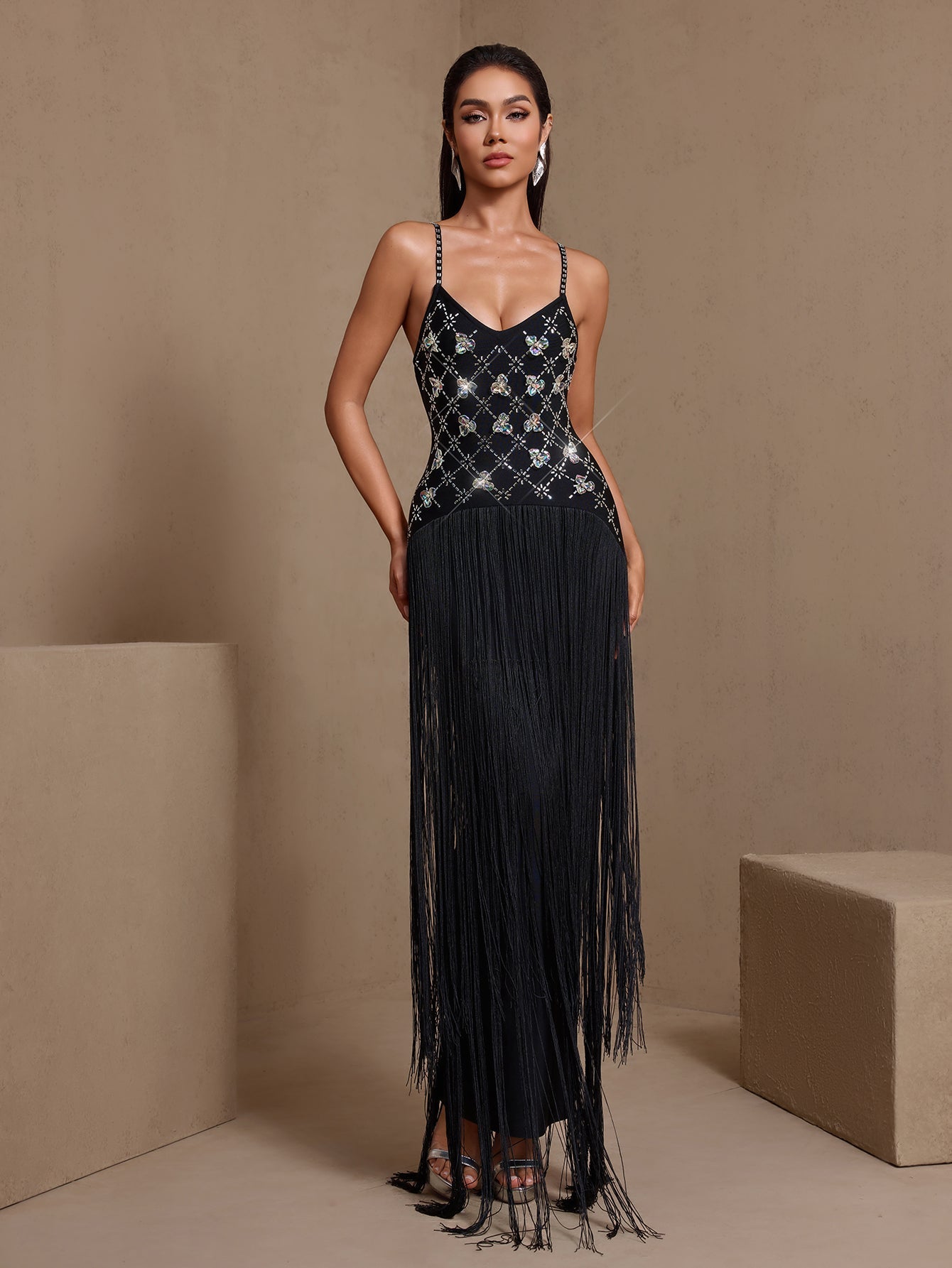 Black crystal grid fringe bandage maxi dress, crystal grid bodice detail