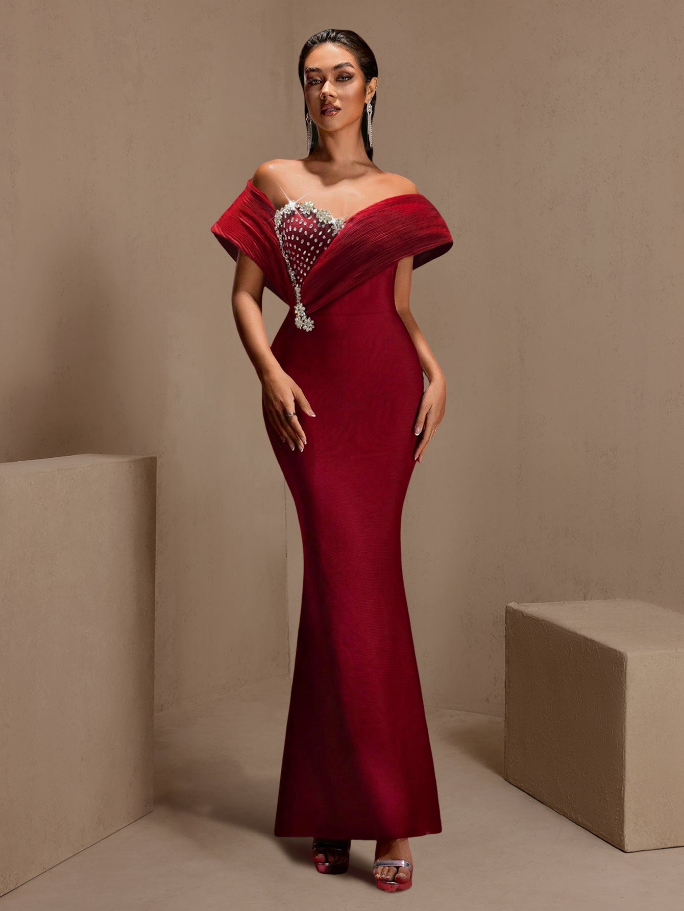 Wine crystal plunge off-shoulder bandage maxi dress, front view