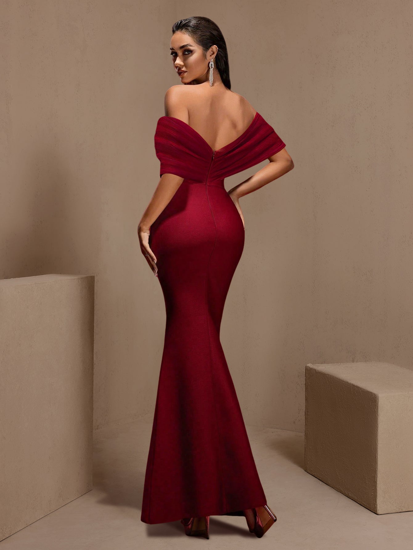 Wine crystal plunge off-shoulder bandage maxi dress, rear view with open back