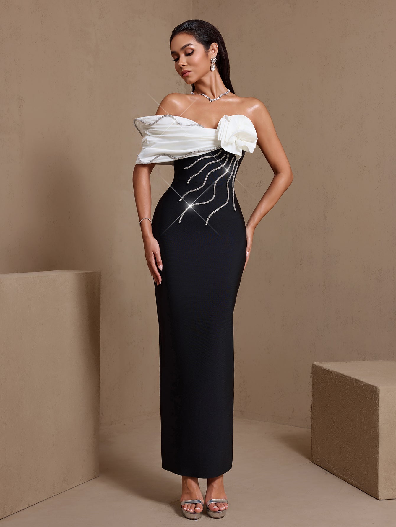 Crystal rosette off-shoulder bandage maxi dress, full-length front view